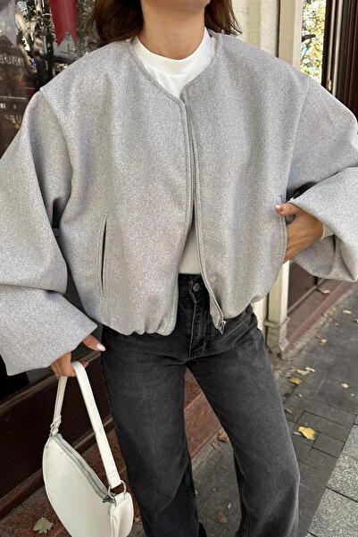 T SteepRockt Kadın Kaşe Bomber Ceket Gri Astarlı Fermuarlı Kısa Model