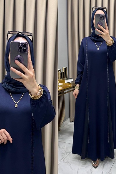 mercan moda NUR ELBİSE Kristal Belis Kumaş Kadın Lacivert İki Yanı Boydan Yapıştırma Taş Detaylı Deri Parçalı Şık Elbise