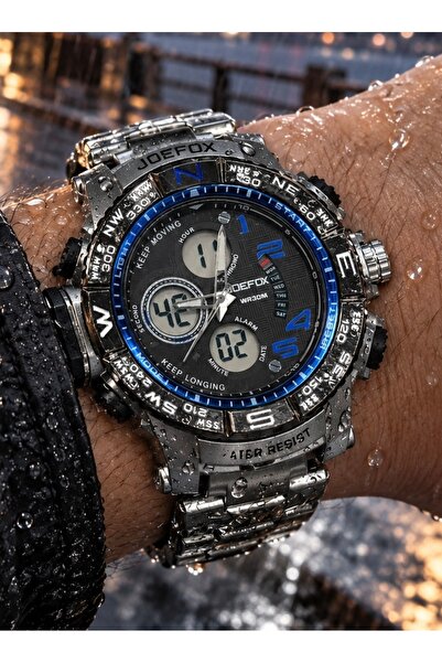 Joefox Men's Steel Band Digital & Analog Sports Watch – Dual Time, Stopwatch,...