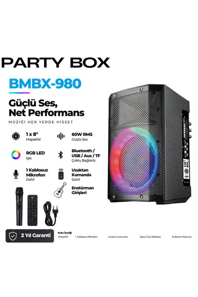 Boomboxtr HP-980 Partybox Bluetooth Hoparlör – 8” Hoparlör, 60W Güç, RGB Işık, TWS Destekli