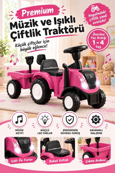 POZART İlk Arabam İttirmeli Traktör Römorklu Işıklı Müzikli Binbin Bingit İttirmeli Araba Traktör 1. Kalite 1-4yaş