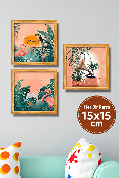 NT Handmade 3 Parça Ahşap Çerçeve Görünümlü Flamingo Duvar Dekoru - Salon Mut...
