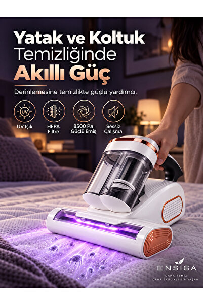 EN SİGA UV-C Işıklı Şarjlı Akar Süpürgesi Çift Hazneli HEPA Filtreli