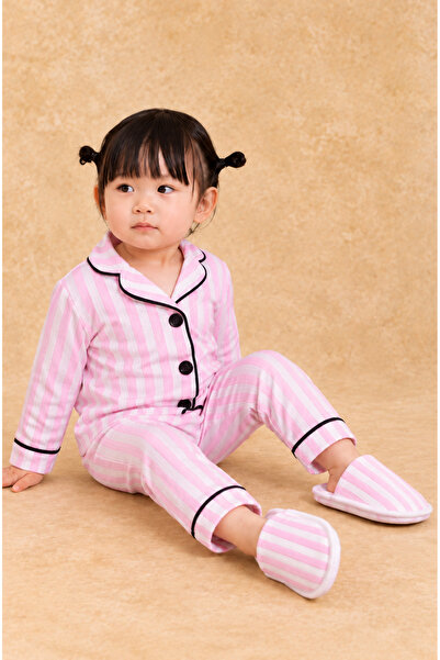 Rocha Baby Çizgili Çocuk Pijama Takımı Terlikli 3 Parça Fitilli Ev Giyim Seti