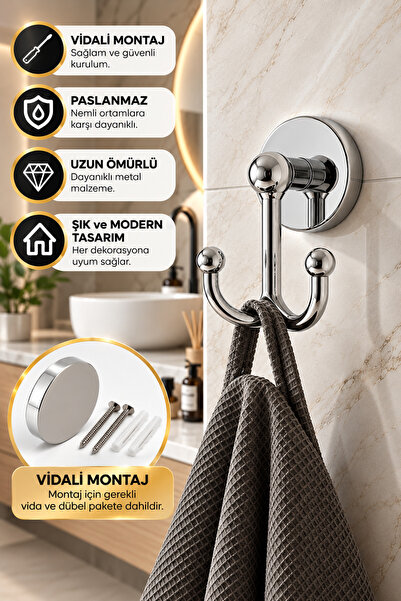 Krom Çatal Bornozluk Askısı, Havlu Askısı, Banyo Askısı