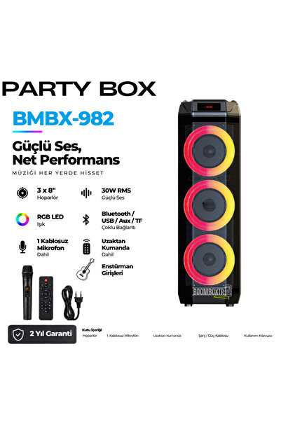 Boomboxtr HP-982 3×8” Partybox Bluetooth Hoparlör – 30W RMS | RGB Işık | Kabl...