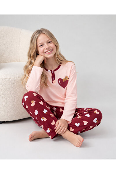 vitmo Girl's Long Sleeve Button Detailed 100% Cotton Pajama Set Huggy
