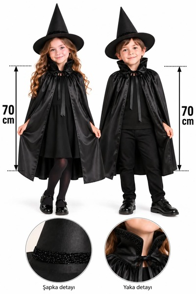 Gala Kostüm Hallowen Cadılar Bayramı Siyah Çocuk Cadı Şapkası Ve Pelerin (70C...