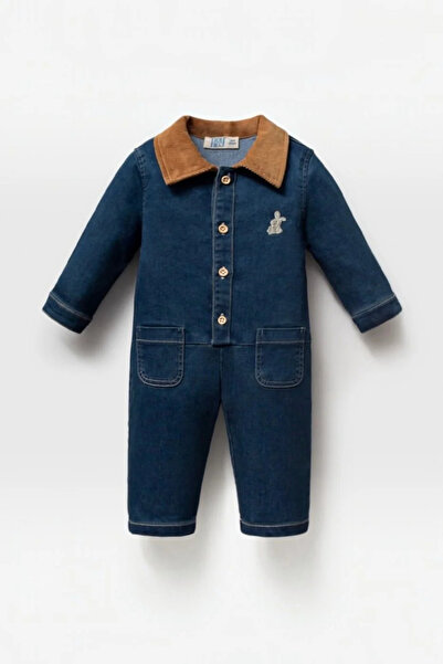 Tuğra Bebe Bebek Kot Denim Tulum Kadife Yakalı Tavşan Nakışlı Uzun Kollu 9-24 Ay
