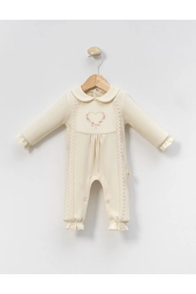 Tuğra Bebe Baby Girl 100% Cotton Baby Collar Lace Detailed Heart Embroidered Jumpsuit