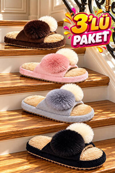 Moda Frato 3'lü Paket LOVELY Kapalı Kadın Terlik Ev Terliği Ses Yapmayan Taba...
