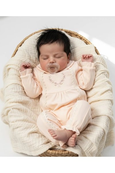 Tuğra Bebe Baby Girl 100% Cotton Baby Collar Lace Detailed Heart Embroidered Jumpsuit