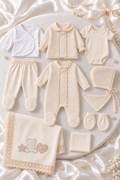 Tuğra Bebe Baby Girl Newborn 10 Piece 100% Cotton Lace Hospital Discharge Set