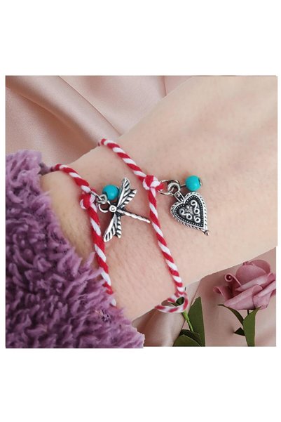 Bijustore Martenic & Turquoise Natural Stone & Dragonfly Double Women's Bracelet
