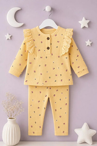 Tuğra Bebe Kız Bebek Çiçek Desenli Fırfır Detaylı Fitilli 2’li Takım Uzun Kol...