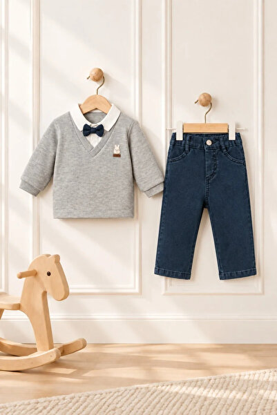 Tuğra Bebe Baby Boy Thessaloniki Knitted Bow Tie Shirt with Collar and Rabbit...