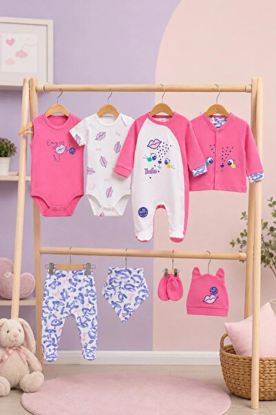 Tuğra Bebe Baby Girl Kiss Patterned Pink 8-Piece Hospital Release Newborn Set