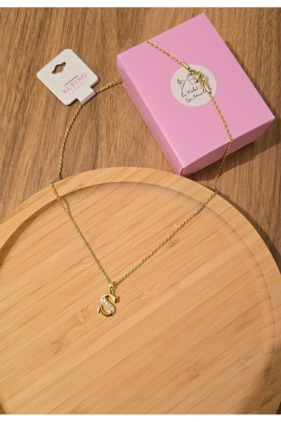 MİLUNXTE Xuping S Harfli Kadın Gold Renk Zirkon Taşlı Çelik Harf Kolye