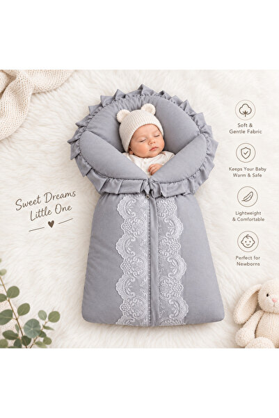 Al Fajr Babys سرير قماشي للأطفال الرضع |   كيس نوم للرضع |   لفافة قطنية ناعمة مع دانتيل وكشكشة |   رمادي