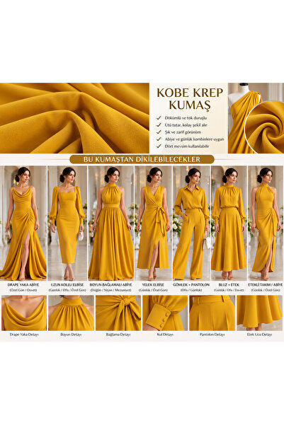 ŞALSERA Kobe Crepe Dark Yellow Fabric, Flowy Form That Can Be Used in Evening...