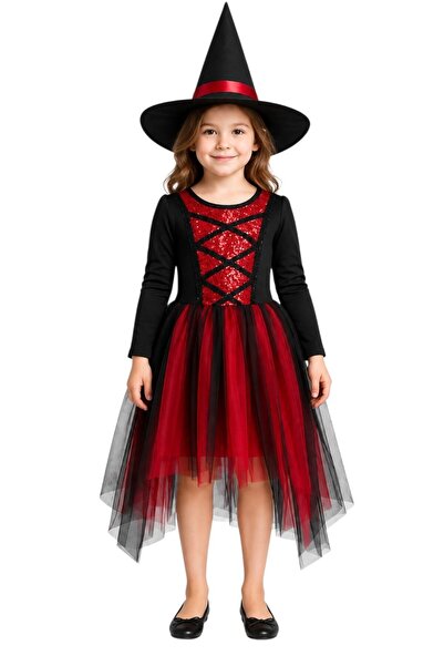 Hallowen Cadılar Bayramı Kırmızı Kız Çocuk Cadı Kostümü