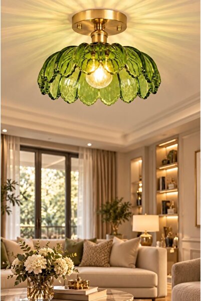 burenze Bella Cam Classic Orijinal El Yapımı Yeşil Renk Camlı Tavan Avize Eskitme Gold Gövde