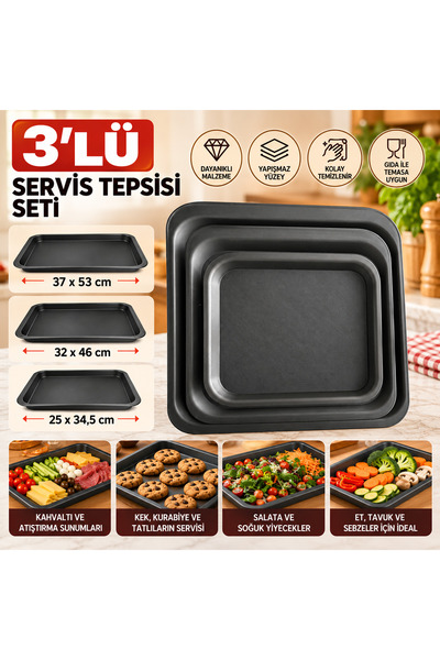 ray plastik 3 Adet Farklı Boy Servis Tepsisi Siyah