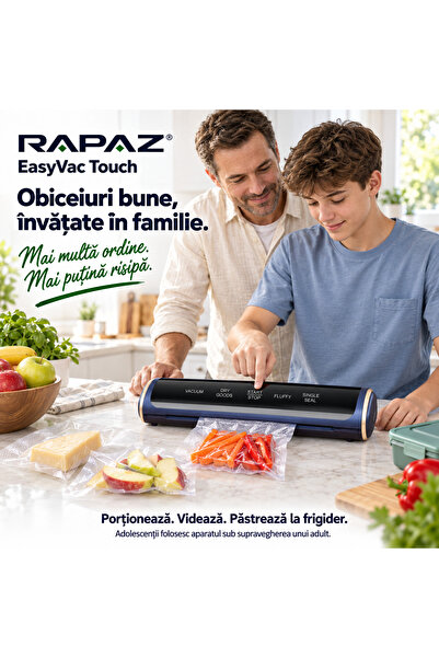 OEM Aparat de vidat și sigilat alimente RAPAZ EasyVac Touch, 120 W, 40–80 kPa, 4 moduri, bară de sigilare 30 cm, comenzi tactile, 20 pungi 20x 30 cm, albastru/auriu