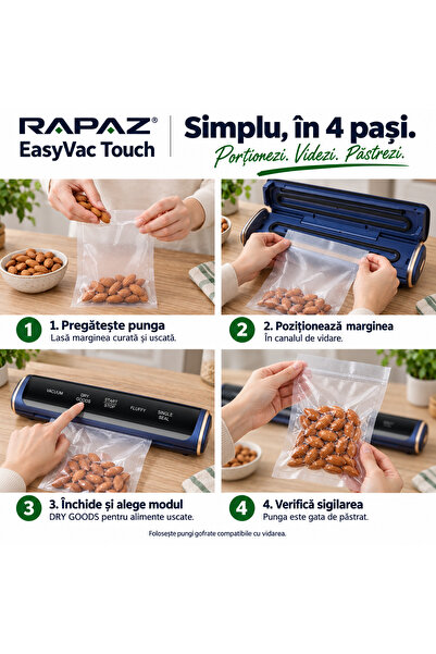 OEM Aparat de vidat și sigilat alimente RAPAZ EasyVac Touch, 120 W, 40–80 kPa, 4 moduri, bară de sigilare 30 cm, comenzi tactile, 20 pungi 20x 30 cm, albastru/auriu