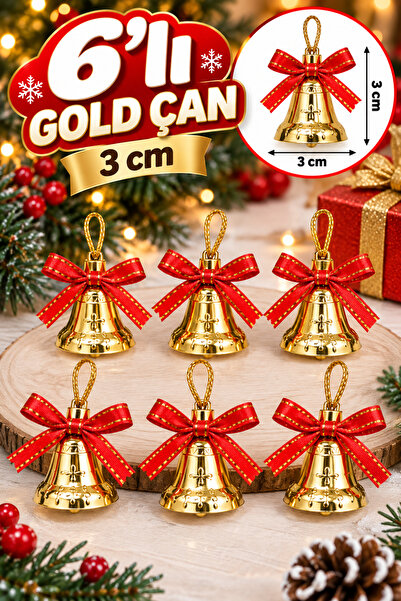 asöy Yılbaşı Ağacı Süsü Gold Renk Çan Süs Kırmızı Fiyonklu 6 Adet Küçük Boy 3 cm