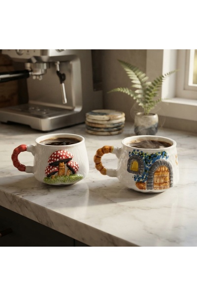 sharp&art Stone House and Mushroom 2-Piece Ceramic Mug-Cup, Hand-Embellished ...