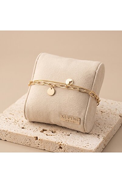 XUPING JEWELRY Vıp Seri 316L Çelik Gold Renk Çift Sıralı Pul Detaylı Ataç Bil...