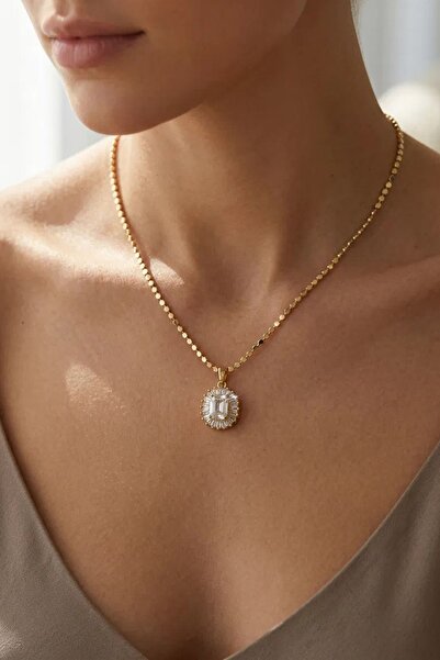 Trendy Butik Steel Square Solitaire Model Crushed Chain Necklace
