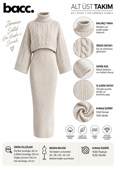 bacc Women's Ecru High-Top Knit Motif Crop Sweater and Knitwear Dress Suit Bc 231004