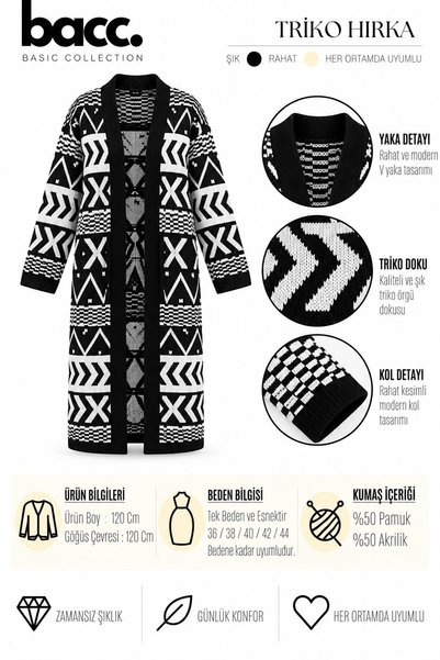 bacc Women's Black Patterned Fringed Long Length Knitwear Cardigan
