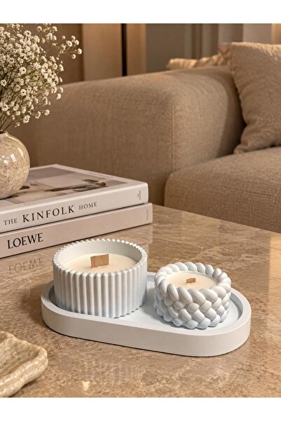 BubbleStore 3 Parça Ahşap Fitil Mavi Dekoratif Kokulu Mum Set