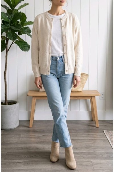 AlvaLuna Women's Buttoned Crew Neck Ribbed Knit Cardigan