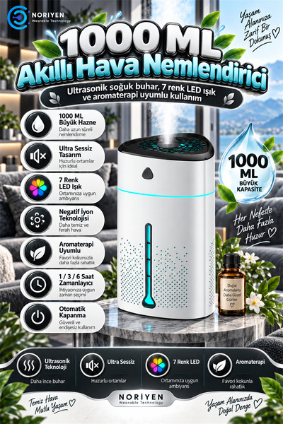 Noriyen Yeni Nesil Büyük 1000 ML Lüks Hava Nemlendirici Ultrasonik Buhar Maki...
