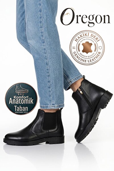 MAKRAS 100% Genuine Leather Winter Men's Zippered Chelsea Boots Shoes Black