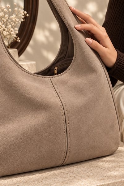 SOHO Original Women's Suede Luxury Soft Leather Vintage Model Zippered Large Volume Tote Bag with Main Compartment and Inner Pocket Shopper Modern City Style Comfortable Thick Strap Daily Stylish Hand and Shoulder Bag - Mink