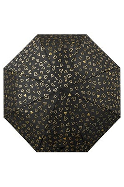OEM Black Manual Folding Rain Umbrella with Gold Foil Hearts & Curved Handle ...