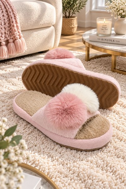 Moda Frato Double Pompon Model Women's House Slippers - Warm and Fluffy Slippers with Noiseless Soles