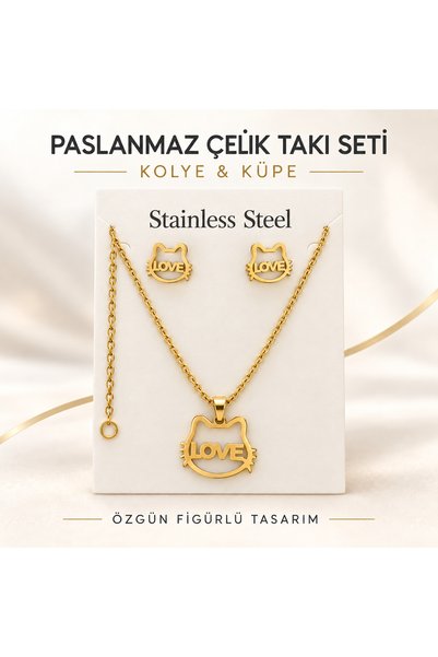 SAF HOBİ ATÖLYE DESİGN Stainless Steel Love Lettering Cat Figure Necklace and Earring Set