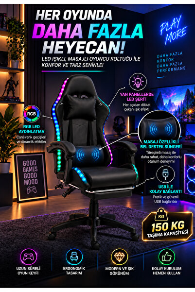 Moonra Home RGB LED Masajlı Oyuncu Koltuğu 150 KG Gaming Koltuk, Masajlı Bel ...