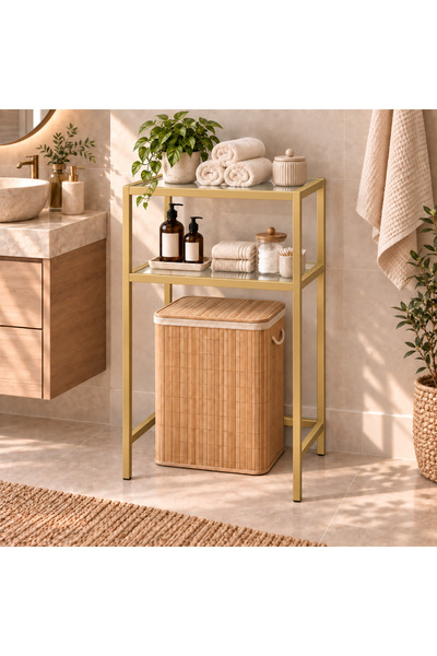 AVİBO HOME Nora Gold Şeffaf Cam Çok Amaçlı Metal Banyo Rafı, Çamaşır Sepeti v...