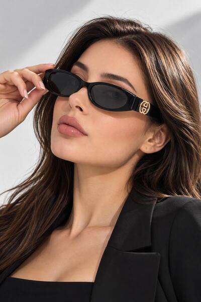 Nilu Moda Kadın Güneş Gözlüğü Siyah Oval Çerçeve Gold Aksesuar Detaylı UV400 ...