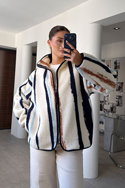 MAGARDE PREMİUM ÇİZGİLİ FERMUARLI POLAR HIRKA- CAMEL