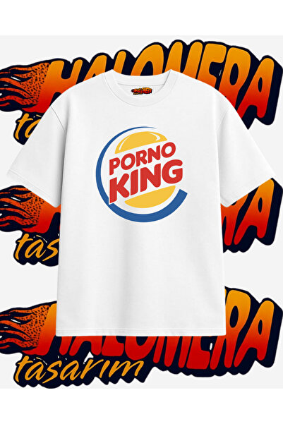 Halomera Siyah Oversize P*rno King Parodi Tasarım Bisiklet Yaka Tişört