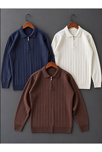 Beylerce 3 Pieces of Striped Knitwear Sweater with Zipper Collar