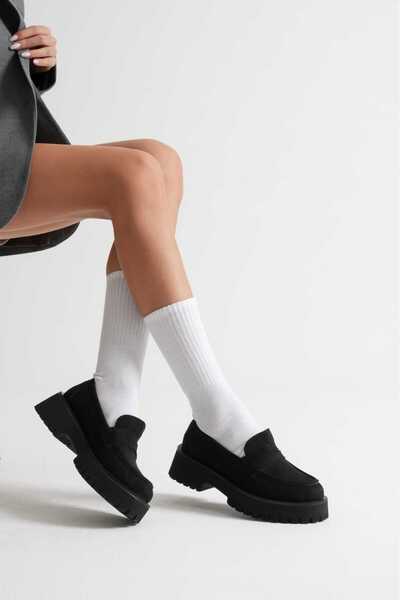 She Women's Daily Black Suede Thick-Sole Oxford Loafer Shoes